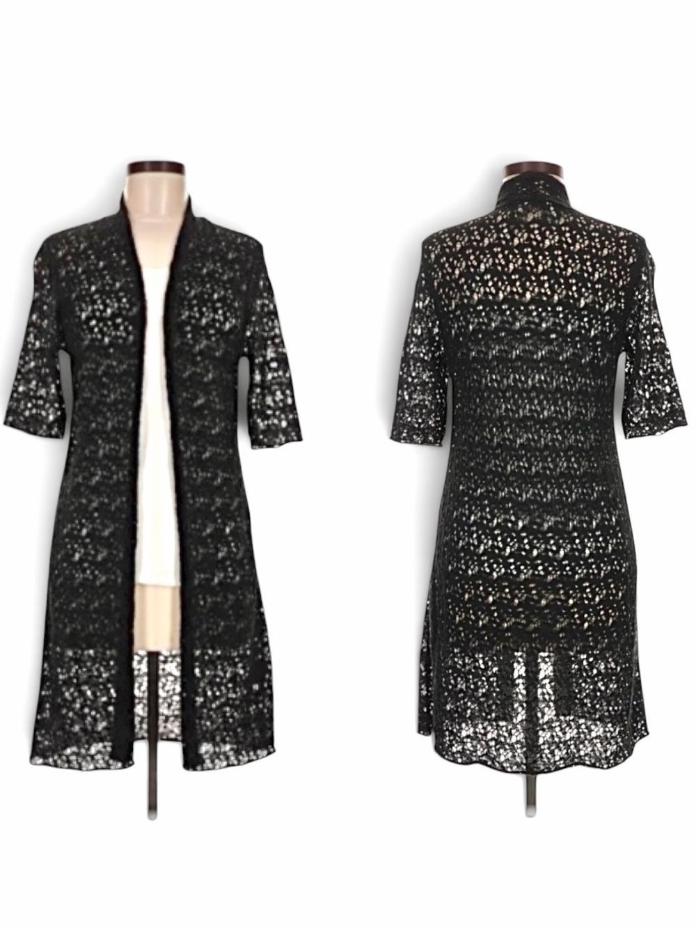 Eileen Fisher Black Open Knit Long Cardigan Italian Wool 1/2 Sleeve Duster M